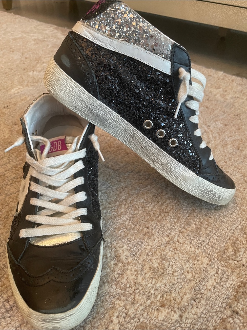 Golden Goose Mid Star Black Glitter & Silver Sneakers Size 9.5.